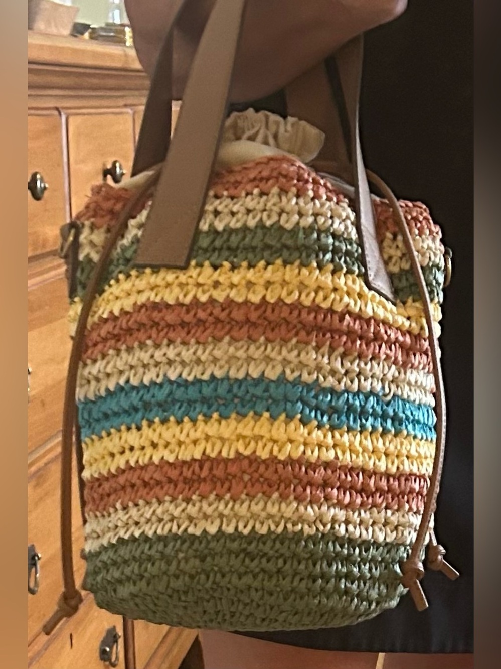 Sol and Mer Raffia Striped Drawstring Handbag NWT